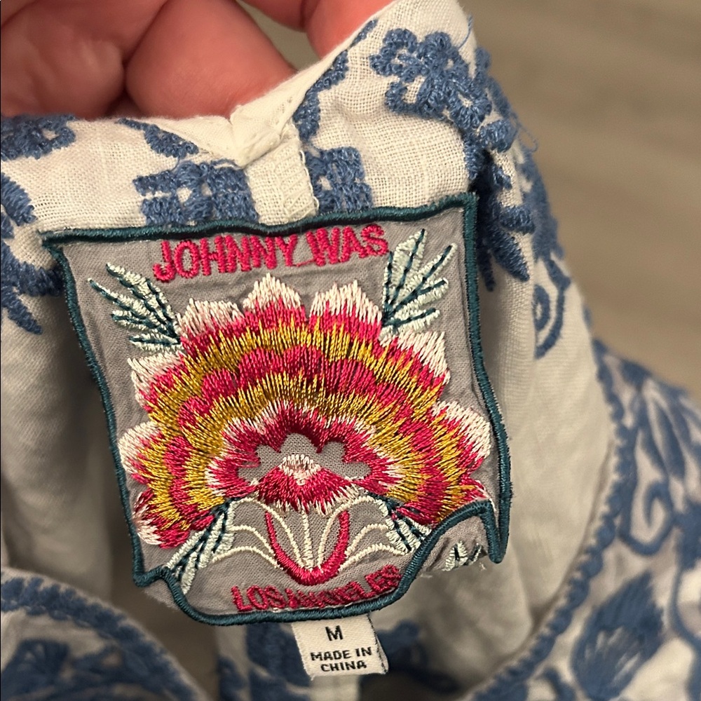 Johnny Was White and Light Gray Camouflage Tank with Blue Embroidery - Picture 2 of 3